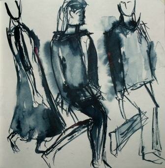 Ink drawing of three dancers in 'Flawless'