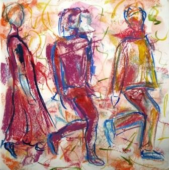 Ink drawing of three dancers in 'Flawless'